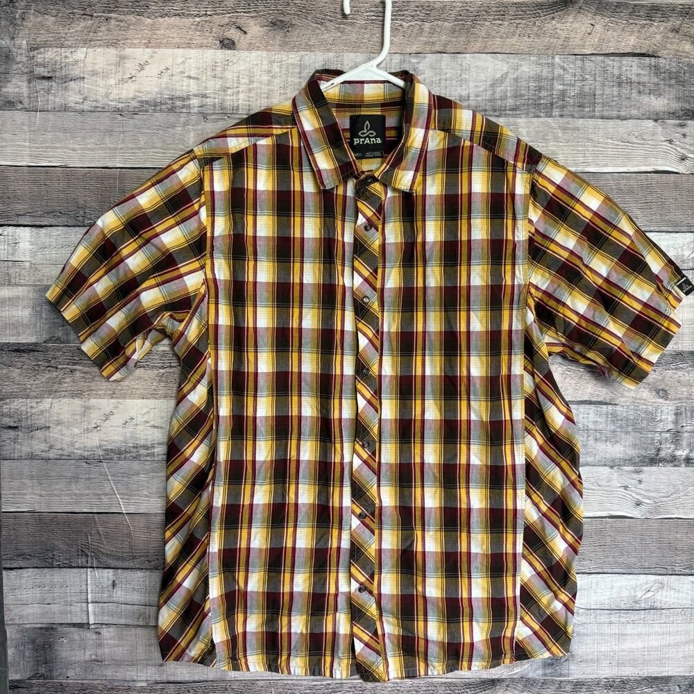 Prana Mens Western Pearl Snap Shirt Medium Yellow Plaid Cowboy Rodeo Ranch